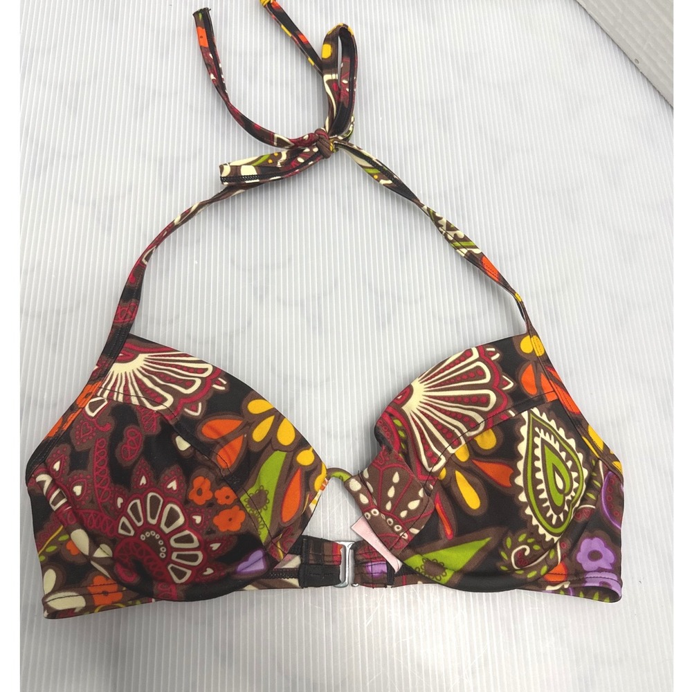 Vintage Victoria's Secret Bikini Top Womens 34C Brown Paisley Floral Boho Padded